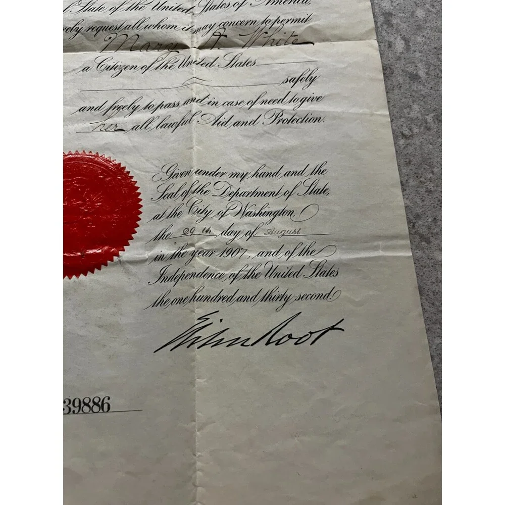 1907 US Passport certificate Department of State seal & signed by Elihu Root